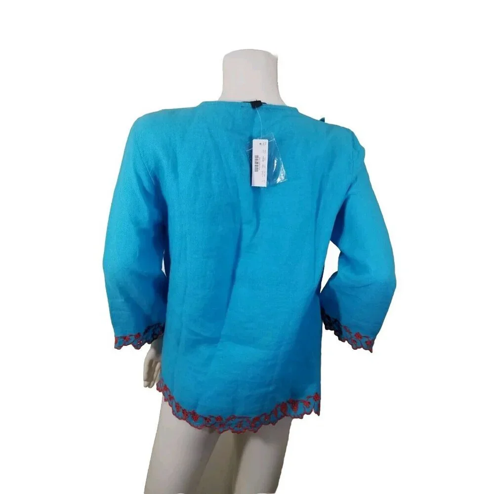 J. Crew Women's Size S Tunic Blouse Top Blue Embroidered Linen Relaxed Fit 30